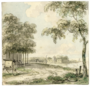 200332 Gezicht op de weg langs een water met links achter de bomen een herberg.